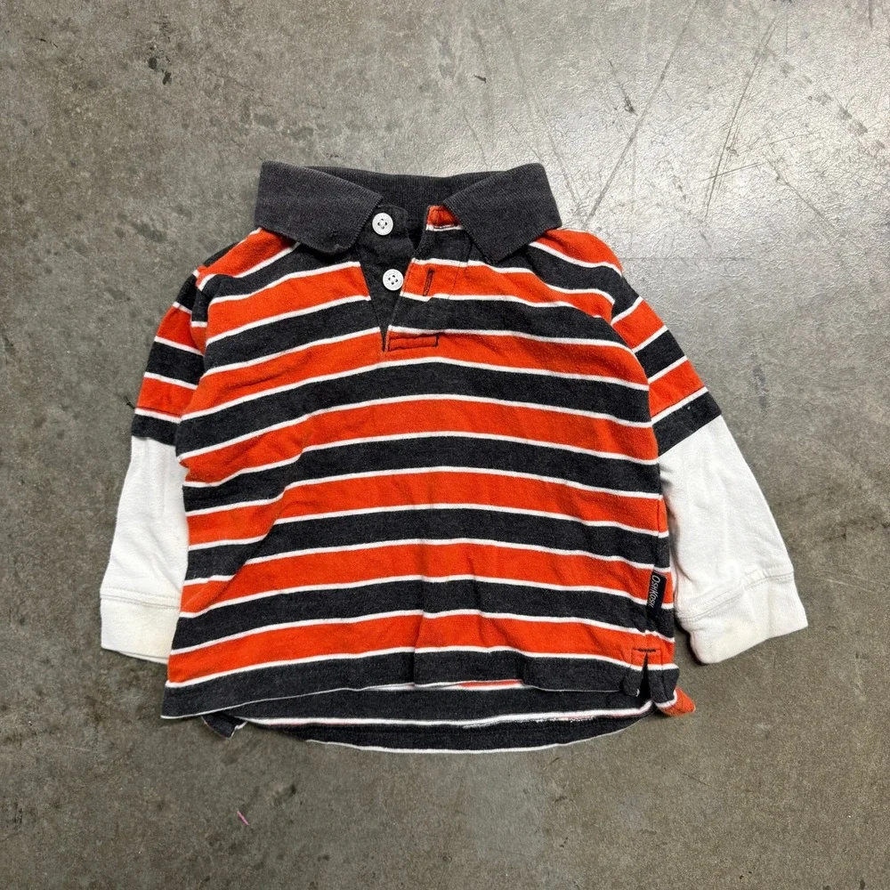 OshKosh‎ Bgosh Baby Boys Striped Long Sleeve Polo Shirt Orange Grey 12M